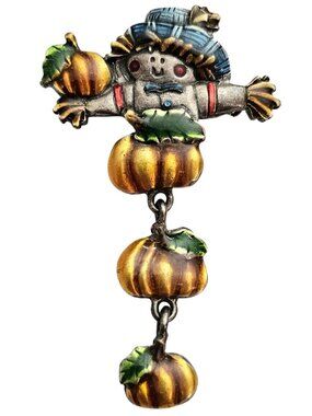 Scarecrow Brooch Fall Color Enamel Pumpkin Charm Dangles Pin Signed AJMC J397